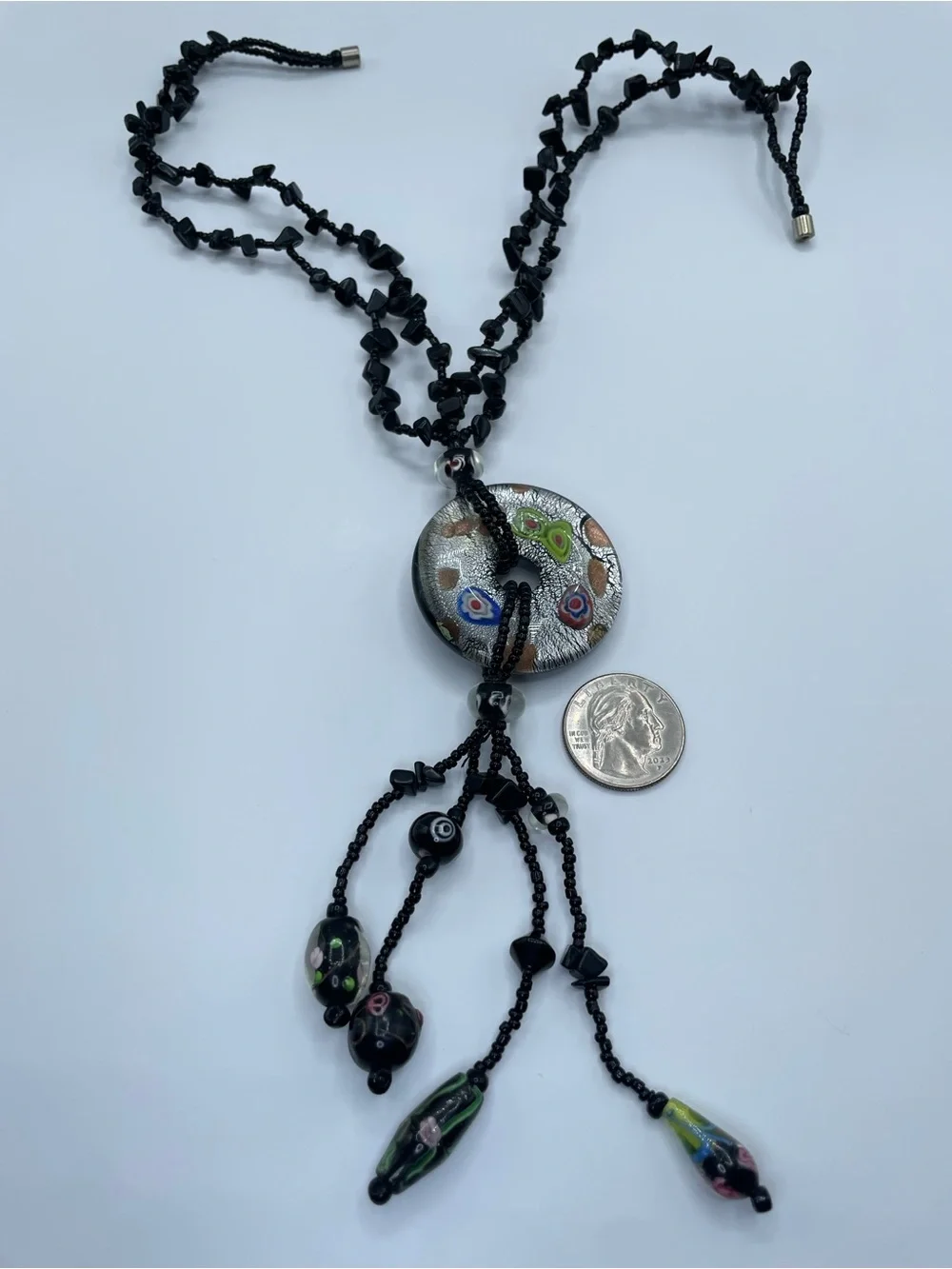 Black Crystal Glass Beaded Blown Glass Medallion Tassel Statement Necklace